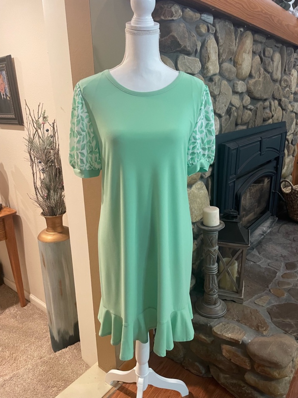 CeCe Mint Green Ruffle-Hem Dress with Floral Sleeves
